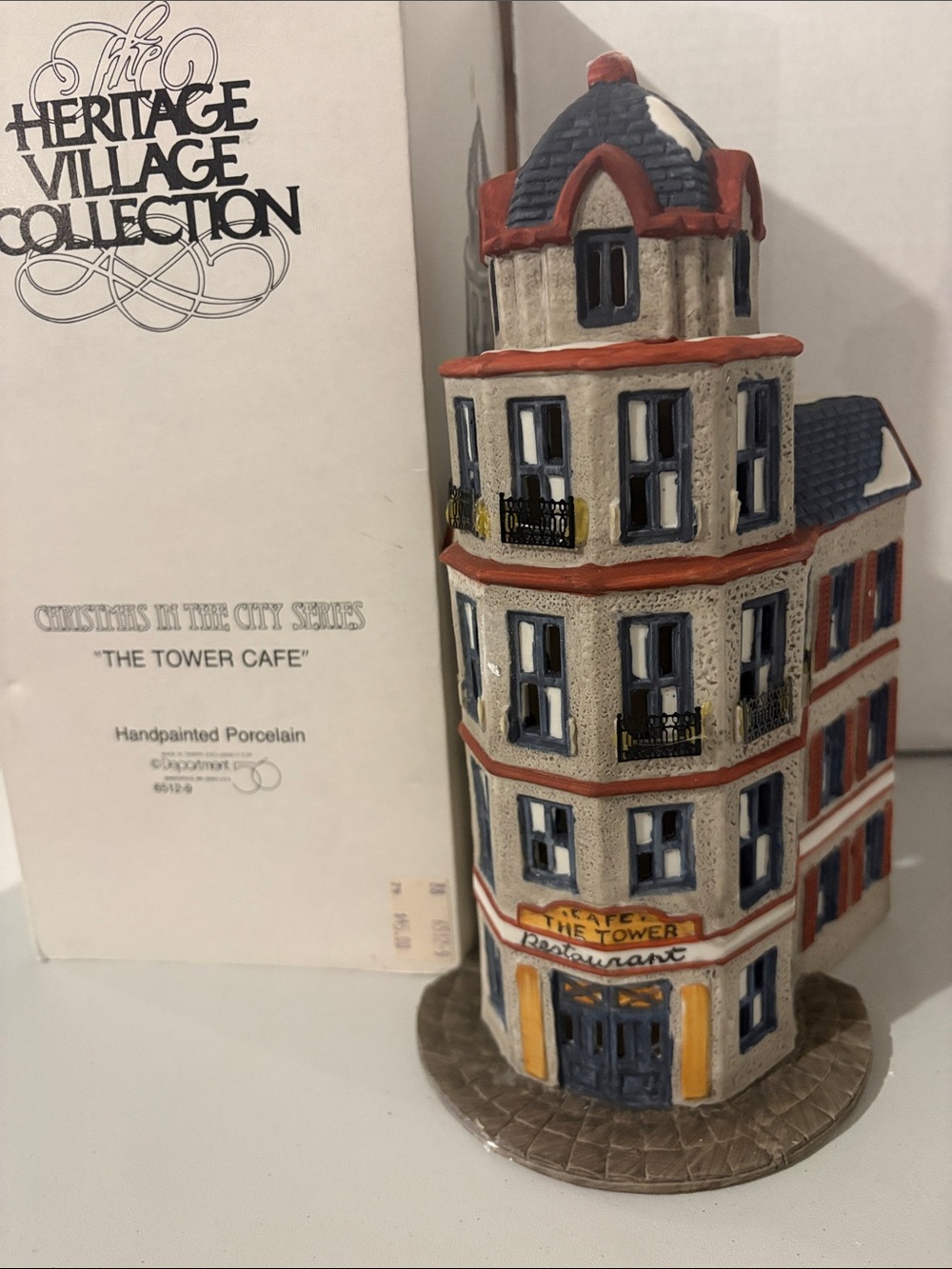 Department 56 Handpainted Porcelain Tower Cafe - Blue, Cream & Red Accents